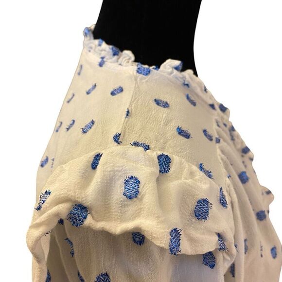 Zara White and Blue Metallic Polkadot Long Sleeve Button Down Top Sz M - Picture 7 of 13